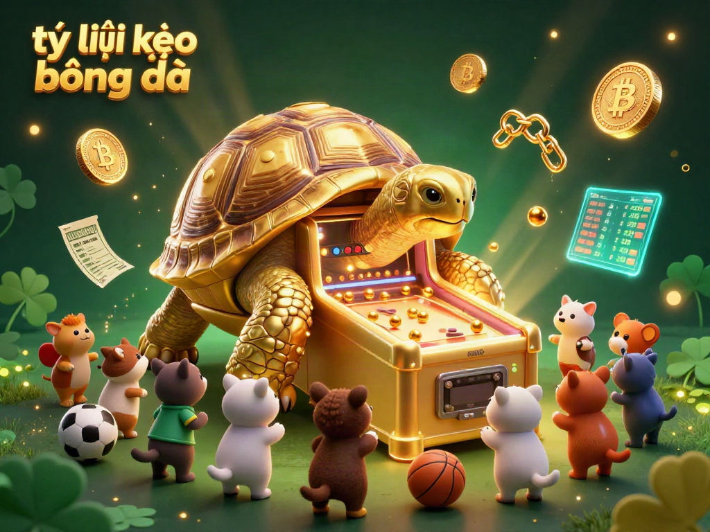 Tỷ lệ kèo bóng đá showcased in a lively illustration of a bustling casino scene with a golden tortoise and sports elements.
