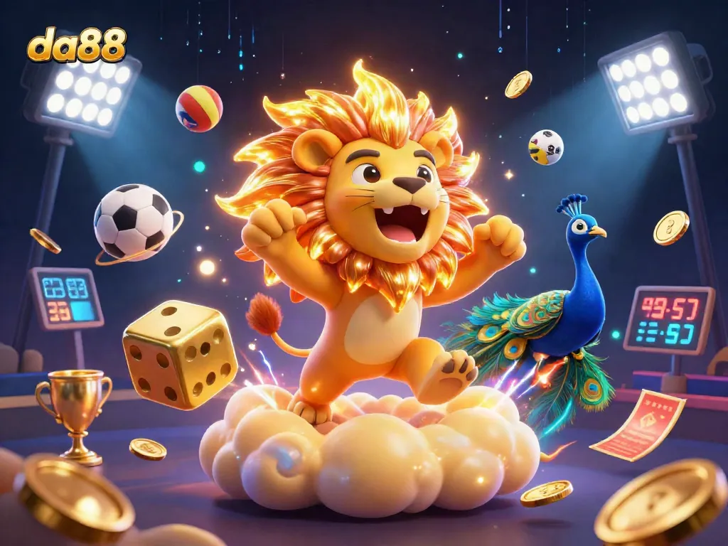 da88 casino experience features a roaring sun lion with golden dice and vibrant sports elements.