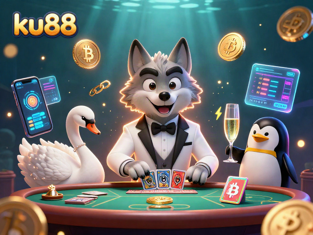 ku88 showcases vibrant online casino elements with a debonair wolf, elegant swan, and sophisticated penguin.