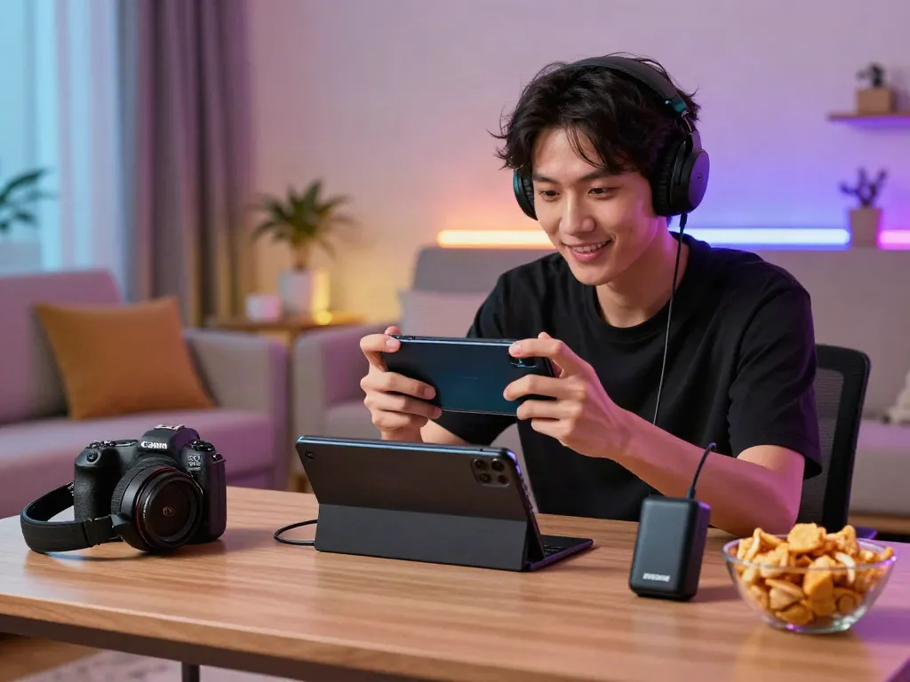 Gamer using the ROKOK88 APK on a smartphone in a modern living room, capturing an intense gaming atmosphere.