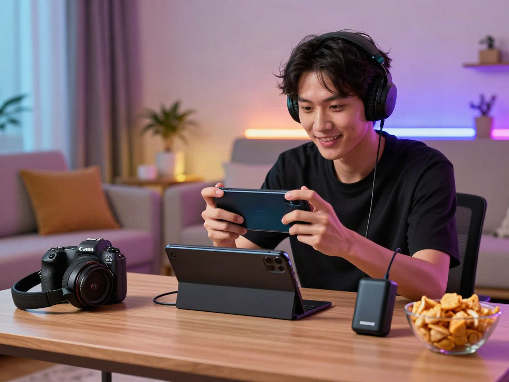 Gamer using the ROKOK88 APK on a smartphone in a modern living room, capturing an intense gaming atmosphere.