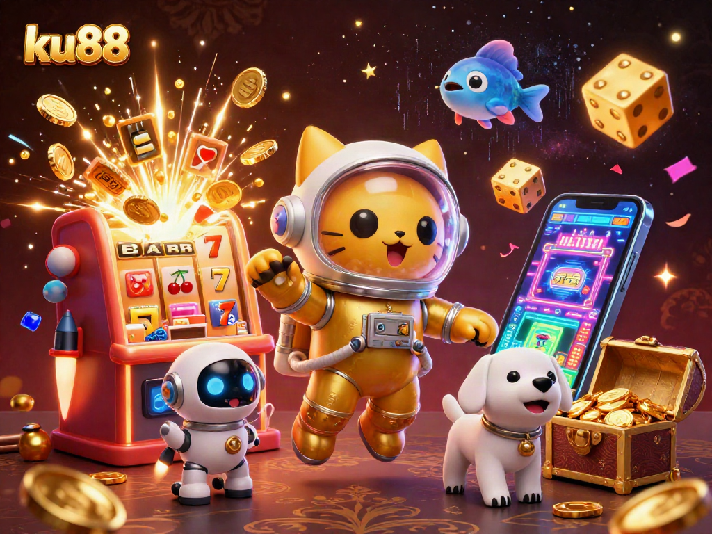 ku88 offers thrilling experience with an astronaut cat and a jackpot explosion of coins in a vibrant casino scene