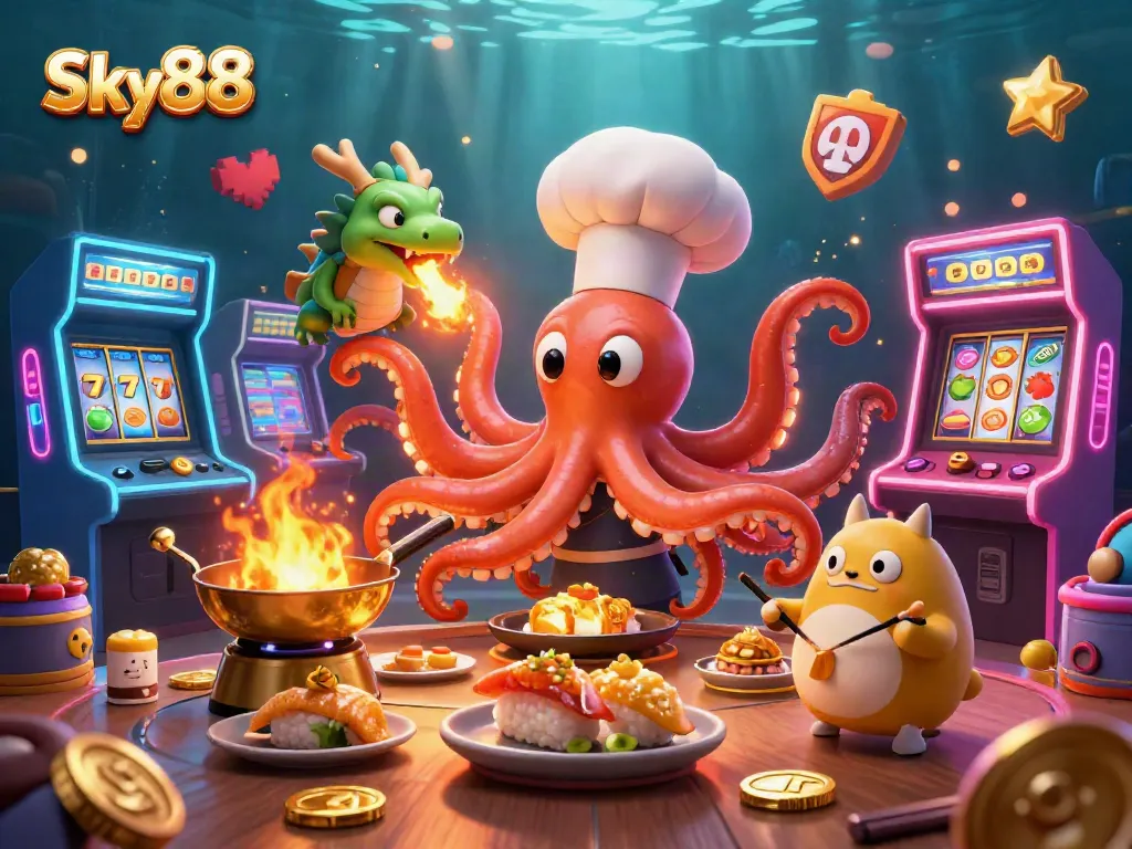 Experience the excitement of Sky88 casino betting with vivid characters and gold-themed elements.