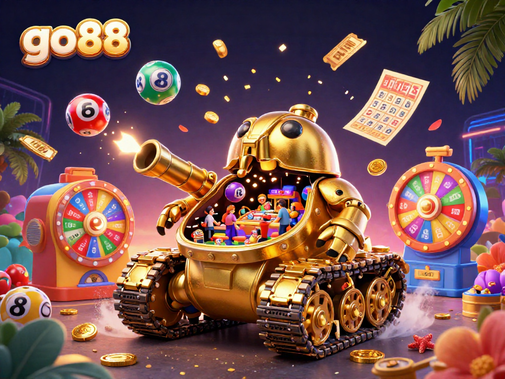 Experience the excitement of go88 with a vibrant casino scene bursting with colorful elements and gaming action.
