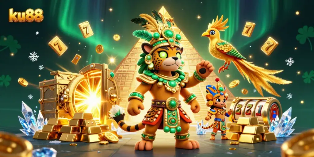 Experience the thrill of ku88's vibrant online casino with slots and treasures in this stunning illustration.