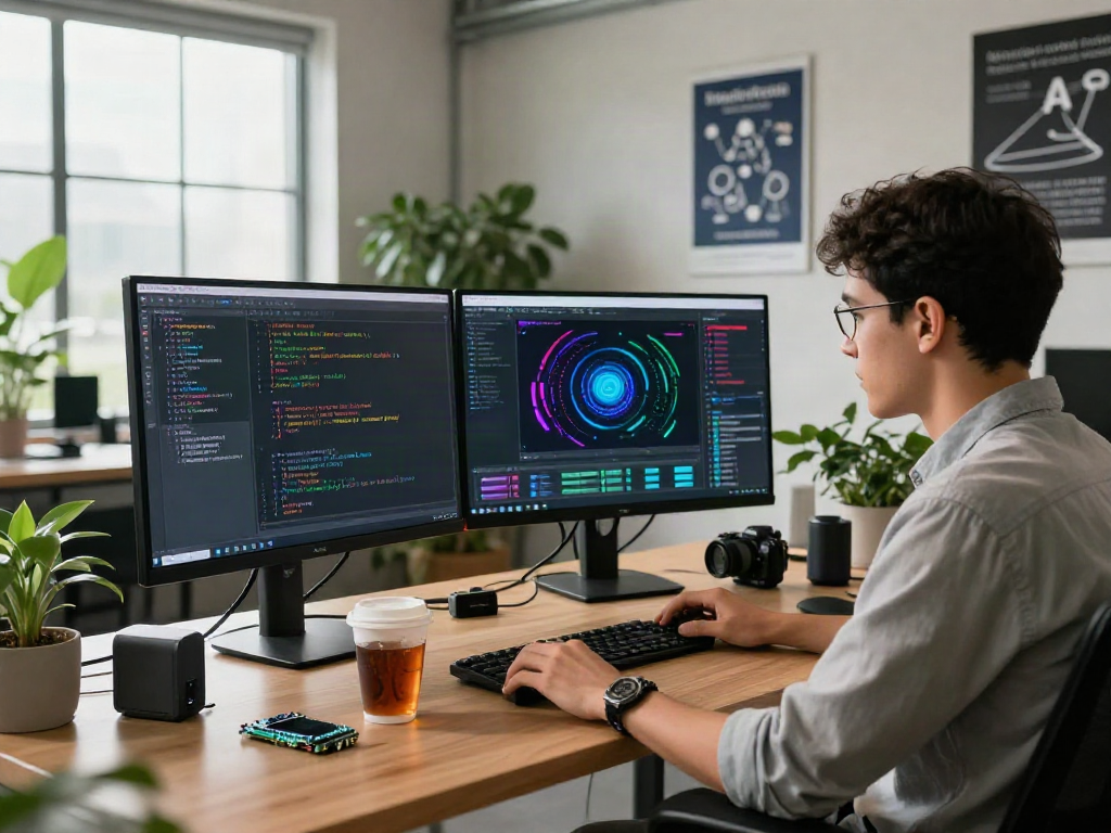 Data scientist developing crush ai algorithms in a modern workspace