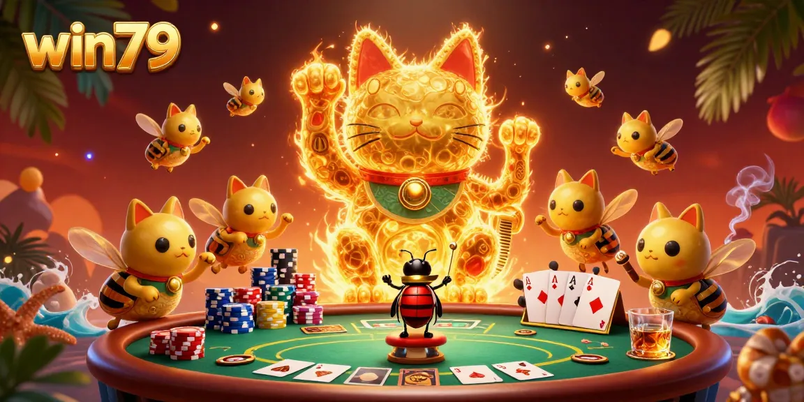Experience excitement at win79 with vibrant casino elements and a lucky cat design.