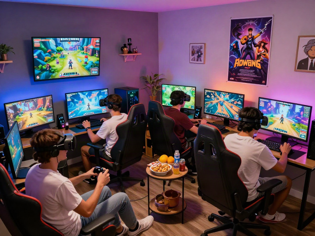 Engaging scene of players enjoying a porn game in a vibrant gaming room with immersive graphics.