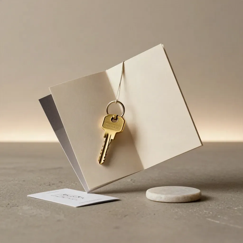 Booklet, brass key ring, folded card and stone coaster on taupe surface, overhead editorial flatlay.