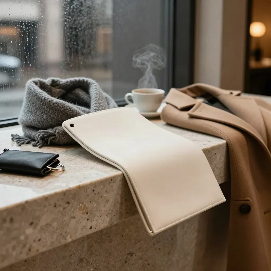 Winter deal pack sleeve, scarf, coffee cup and key pouch skimming a hotel lobby console in soft steam