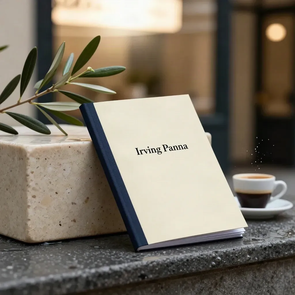 Travel notes booklet leaning on wet travertine with olive branch and espresso cup in a moody hotel still life.