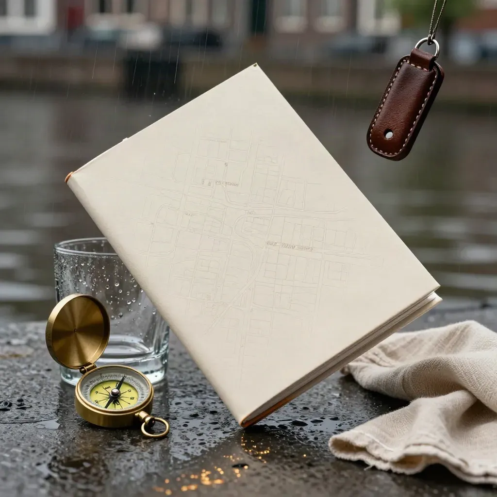 Floating Amsterdam canal stay map booklet with rain-wet travel props on brushed stone.