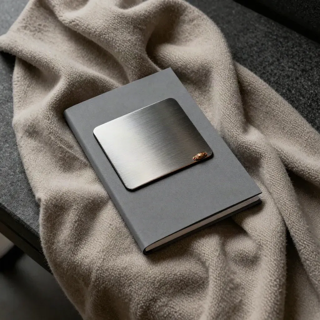 Slate hotel loyalty guide booklet tucked into a wool throw with a metal card sleeve