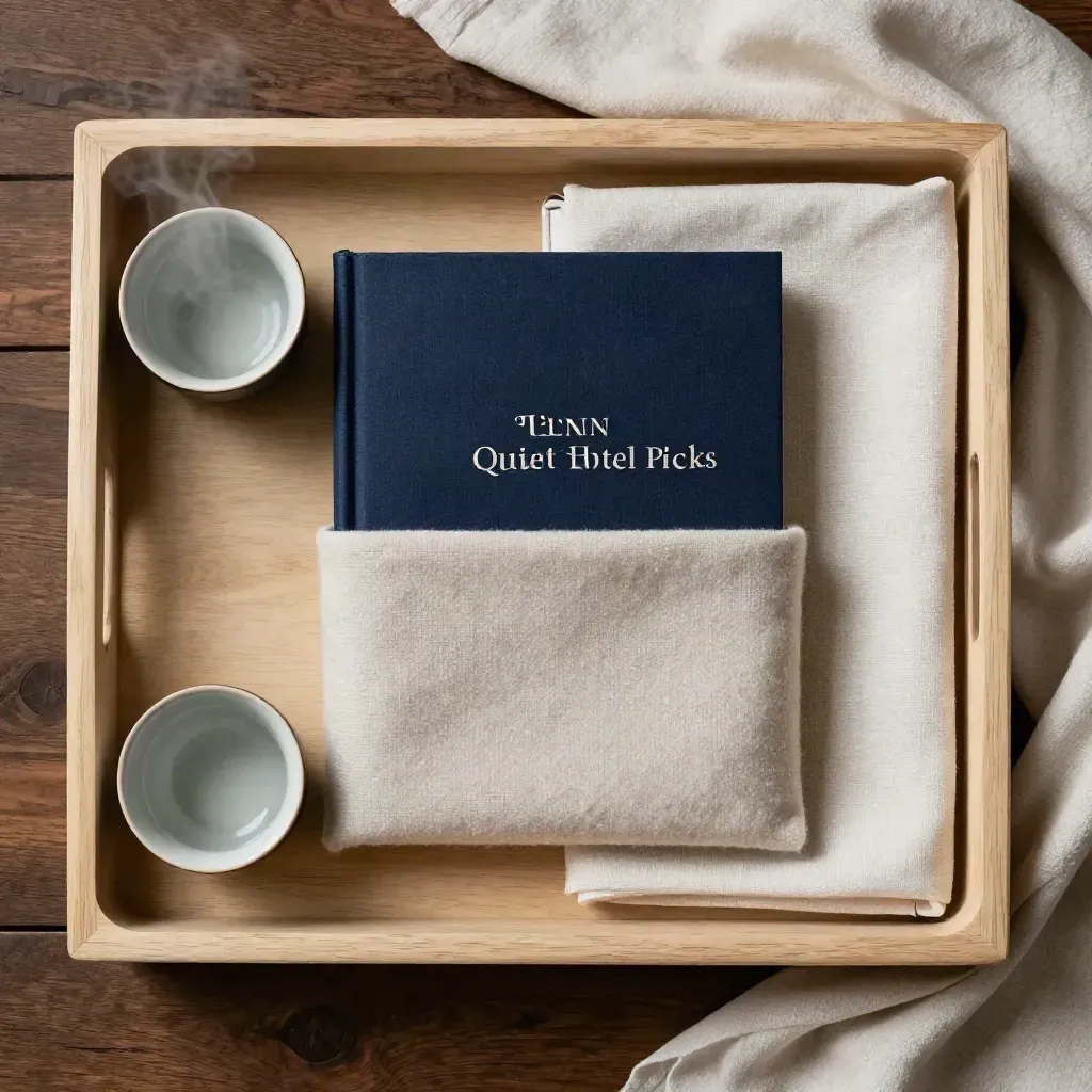 Overhead flatlay of a Vienna hotel guide booklet in cashmere with tea, tray and linen.