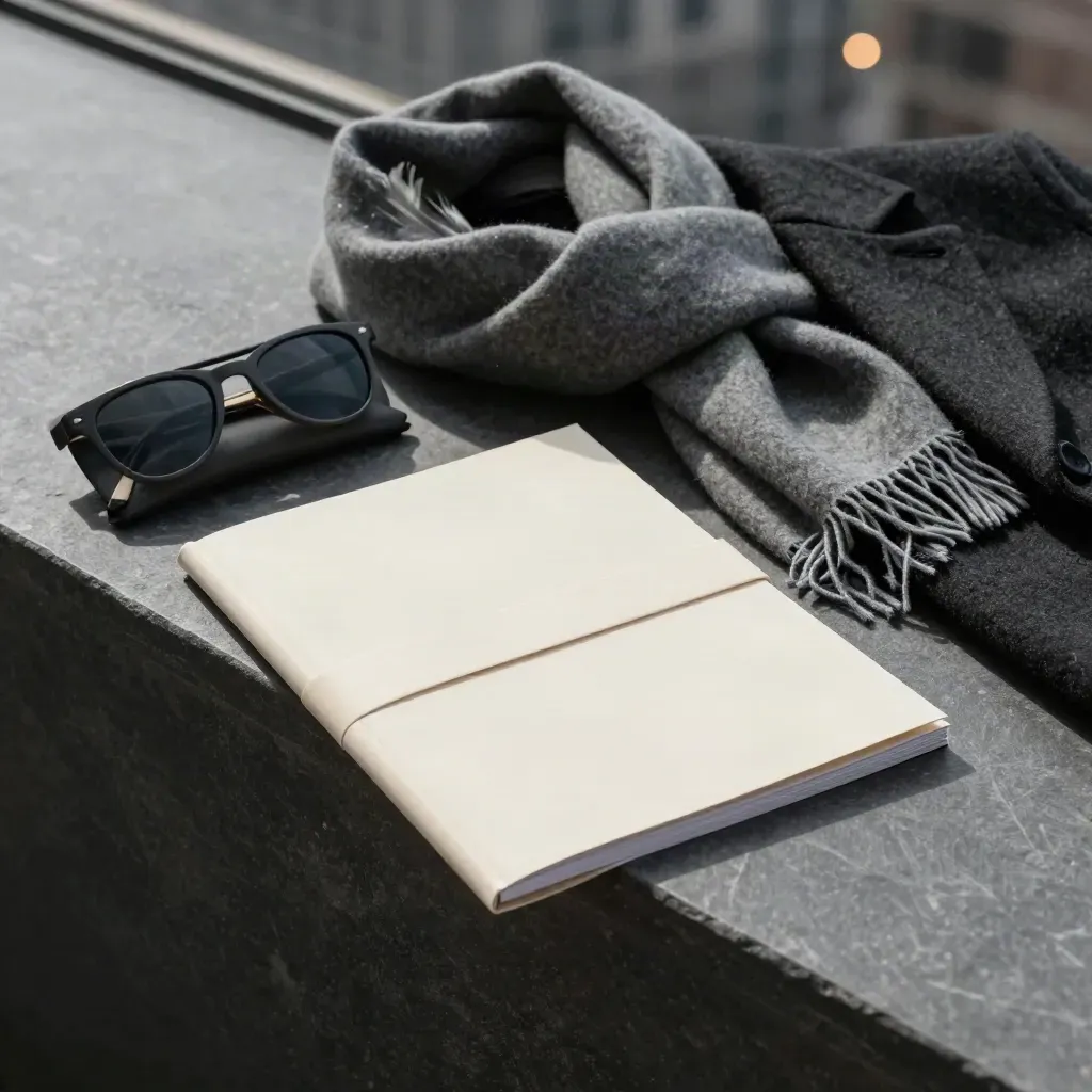 Weekend break booklet on a slate ledge with scarf and sunglasses case in cool wind.