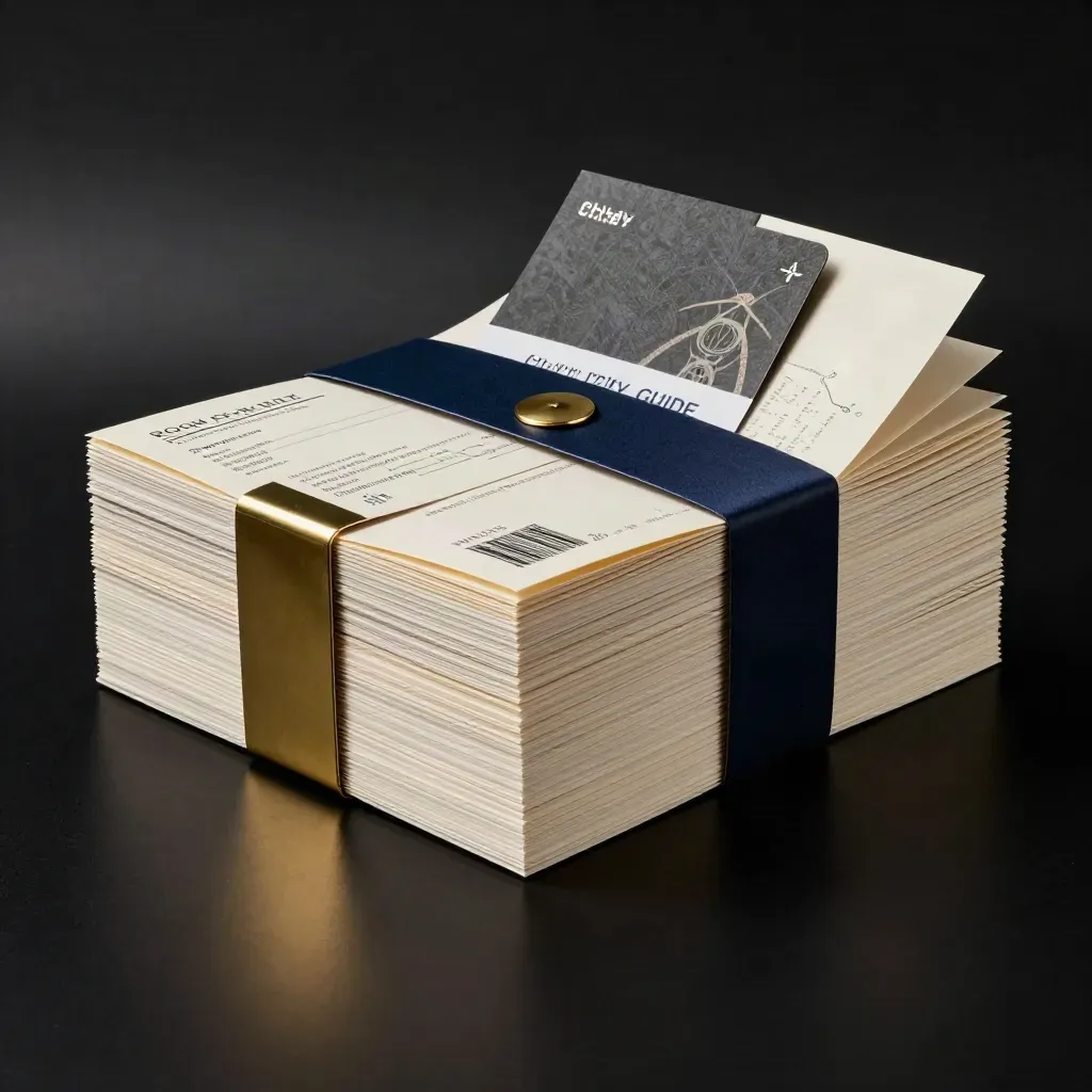 Stacked city guide booklets with brass clip on matte-black studio surface