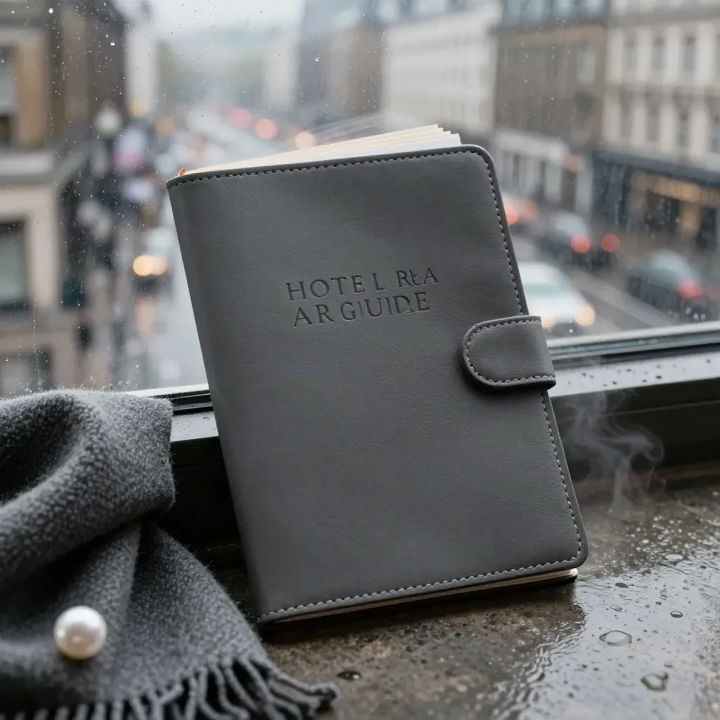 Slate booklet sleeve by a rain-speckled window with a gray scarf and blurred city drizzle.