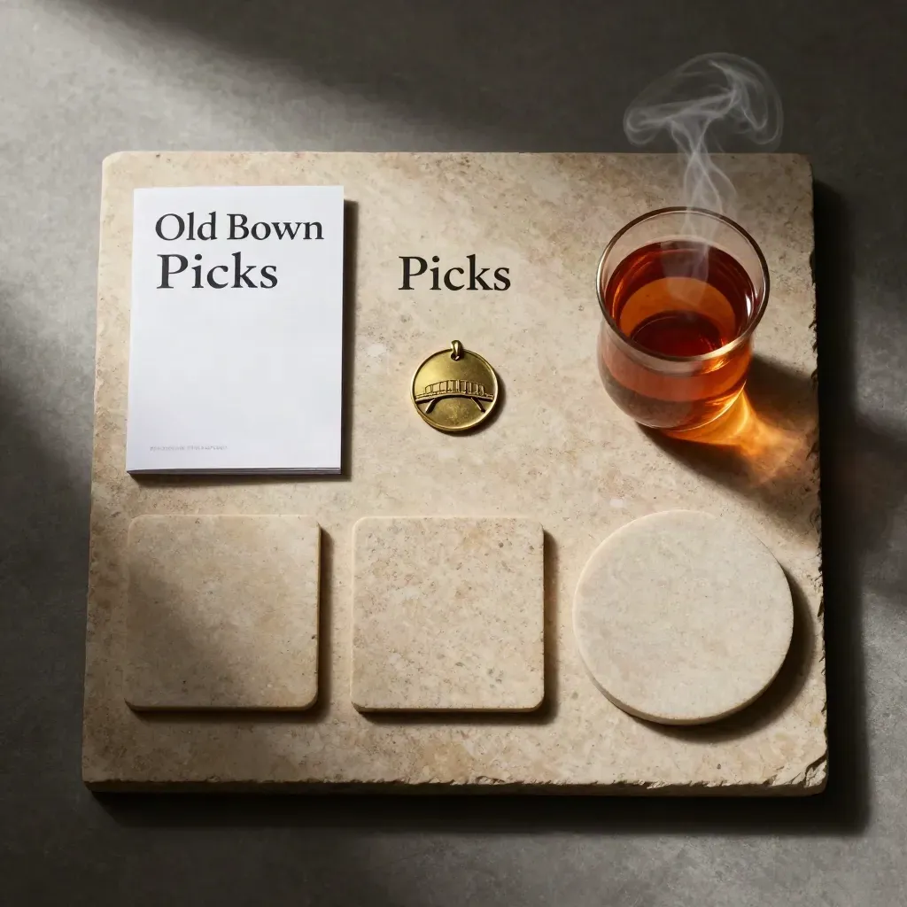 Overhead flatlay of a Prague travel booklet, brass bridge token, steaming tea and stone coaster.