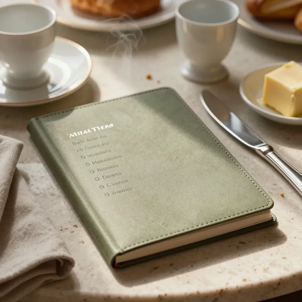 Hotel breakfast scorecard booklet beside linen napkin, egg cup, knife, and butter dish in warm steam