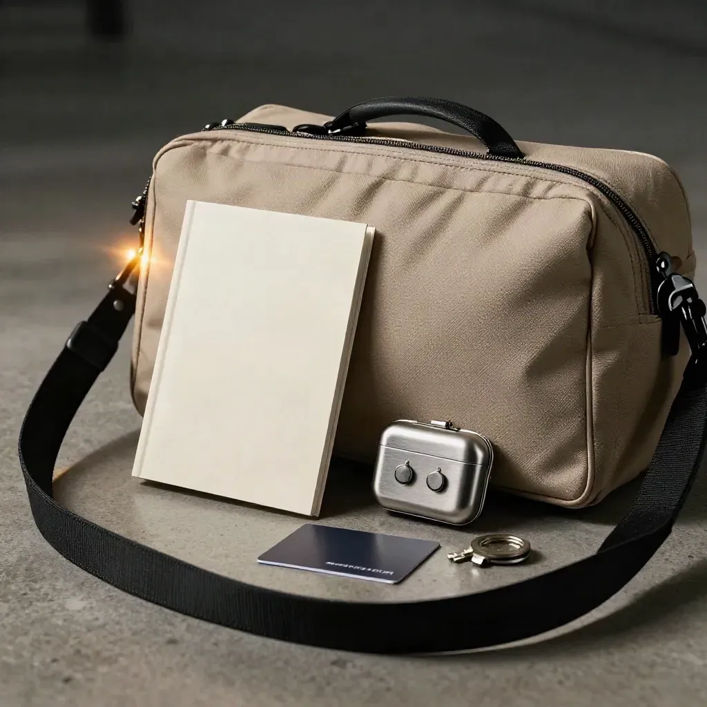 Floor-level shot of a hotel shortlist pack, pouch, earplugs case and key tin beside a suitcase shadow.