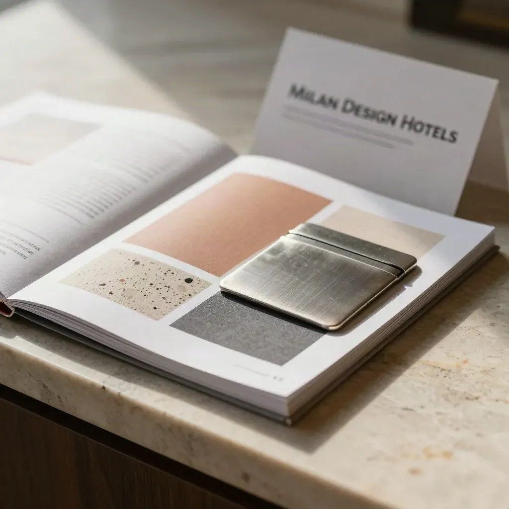 Milan design hotel booklet with swatches, terrazzo chip, and metal card case on stone
