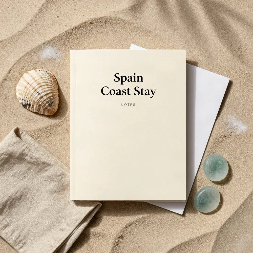 Overhead coastal flatlay with booklet, shell, linen and sea glass on sand-colored stone.