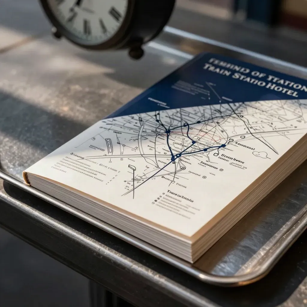 Macro of a train-station hotel map booklet in a metal tray with a blurred clock edge.