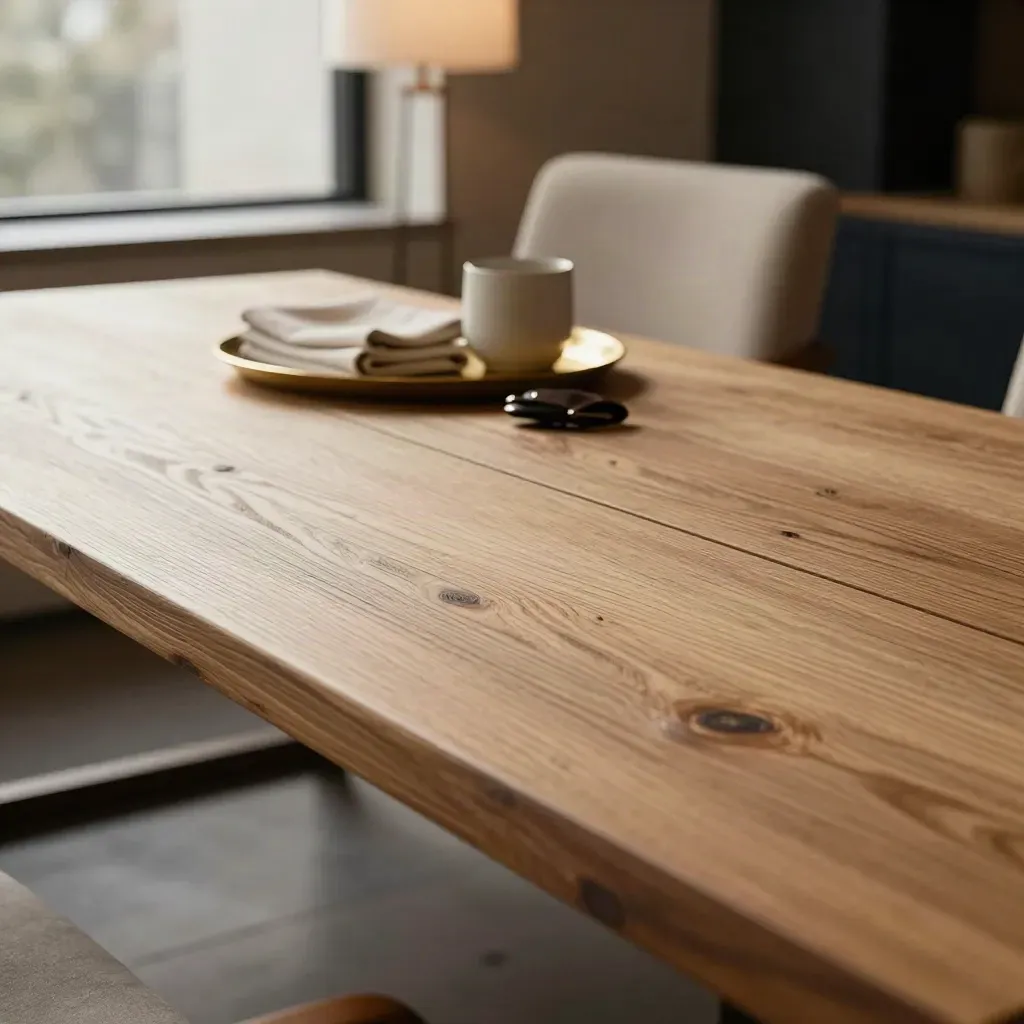 Weathered oak hotel lounge surface by a window with soft lamp blur and linen chair edge.