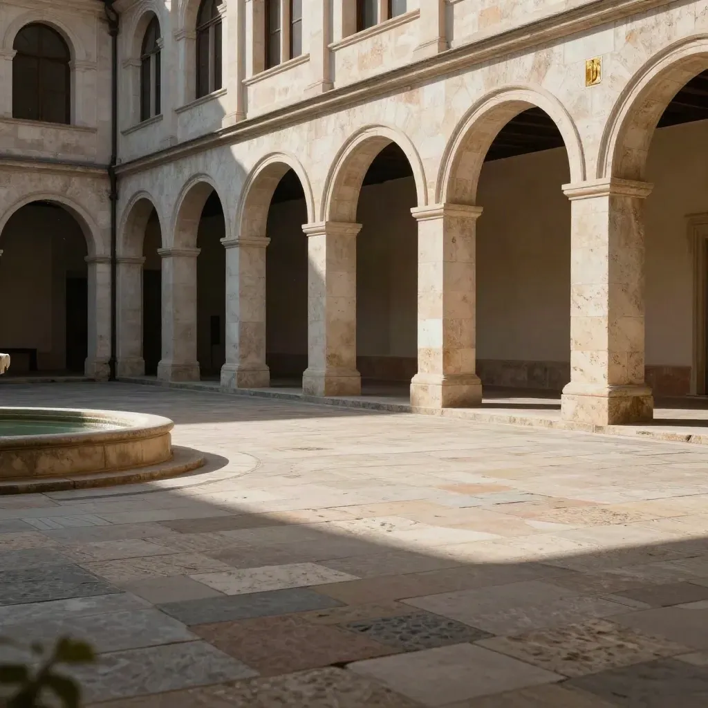 Pale stone arcade courtyard with arches, shallow fountain edge, and long afternoon shadows.