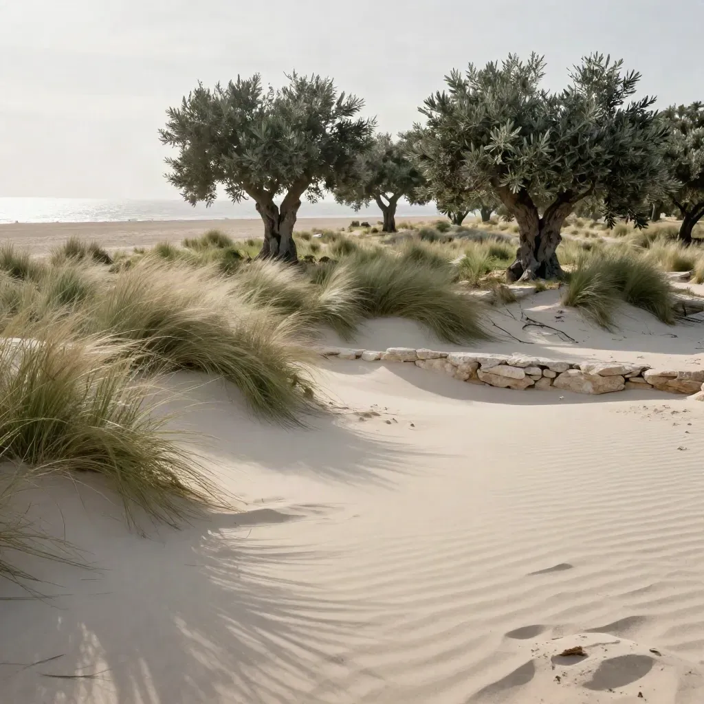 Wind-bent grasses and olive trees above a quiet coastal terrace with a hazy silver sea horizon.