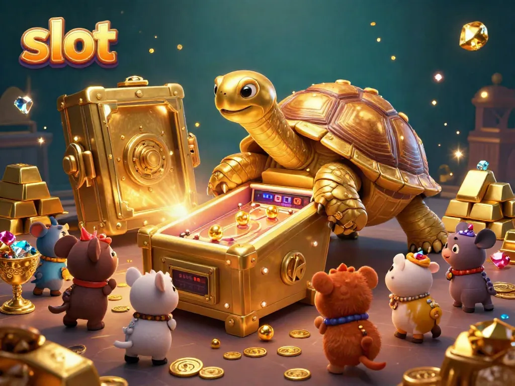 Spin the slot and enjoy thrilling jackpots with the golden tortoise at this vibrant casino scene.