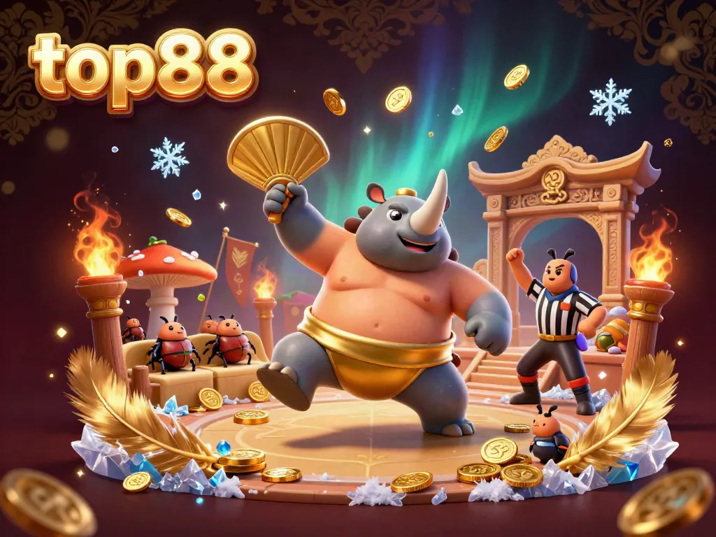 Experience the excitement and energy of top88's vibrant casino scene with beetle champions and flying coins.