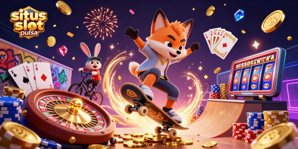 Experience the excitement at situs slot pulsa with vibrant, action-packed casino illustration featuring dynamic characters and thrilling game elements.