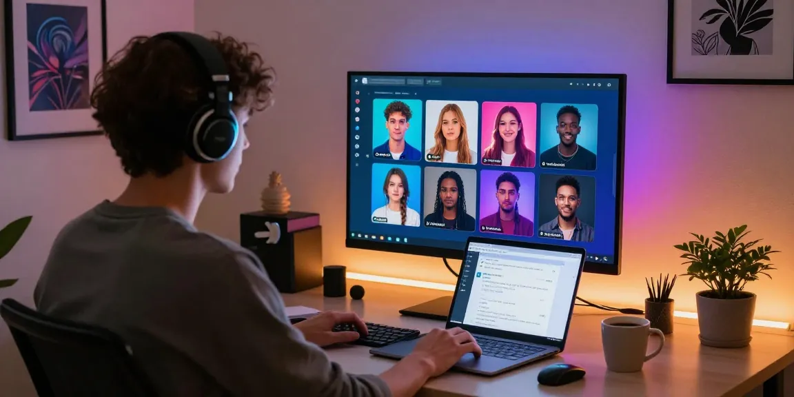 Engaging user chatting with Crushon AI character in a cozy home office setup.