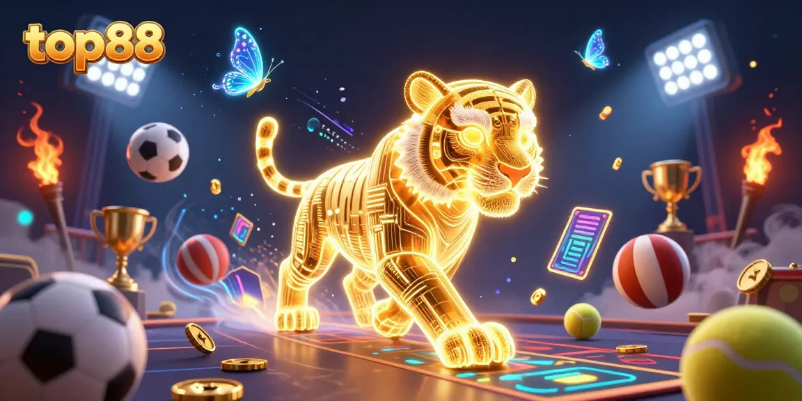 Experience the thrill of top88 with a sparkling casino scene featuring a golden tiger and dynamic sports elements.
