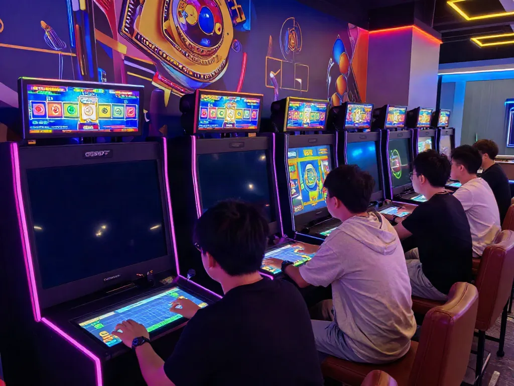 Players enjoying the GGSOFT Bounce Ball Slot Game in a vibrant gaming lounge.