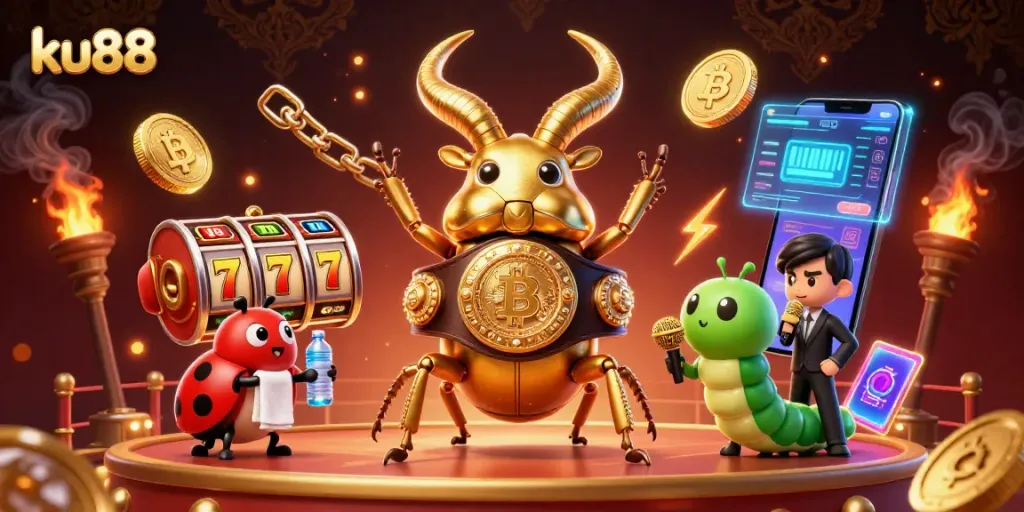 Join the excitement at ku88 with a dynamic illustration featuring iconic gaming elements.