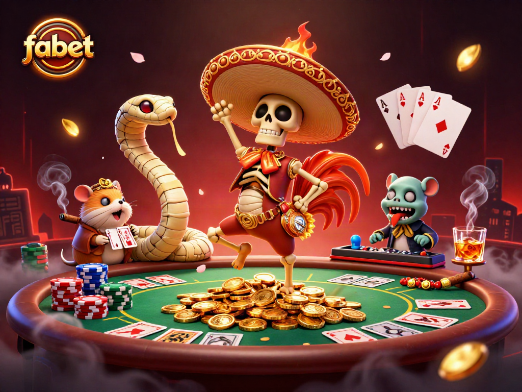 Engage with fabet's vibrant casino scene showcasing a victorious skeleton mariachi and exciting poker action.