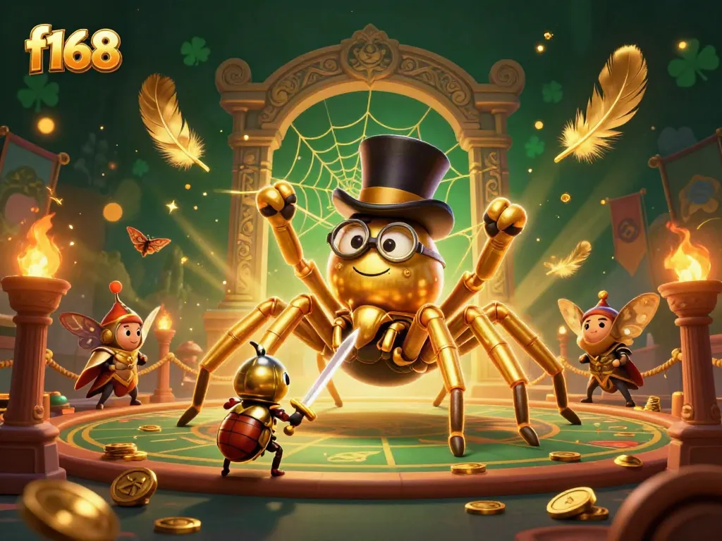 Experience f168-themed casino adventure with a golden tarantula and brave knight in a lively scene.