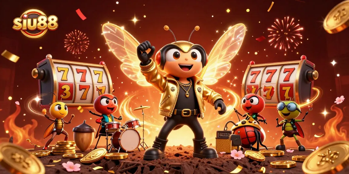 Win big with siu88 in this vibrant 3D casino scene showcasing exciting slot machines and energetic characters.